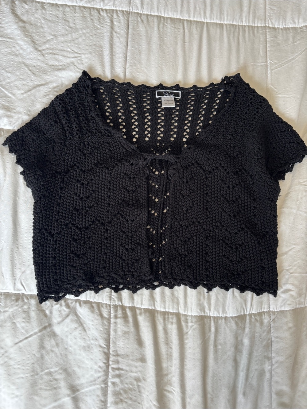 Vintage Black Openwork Cropped Knit Top